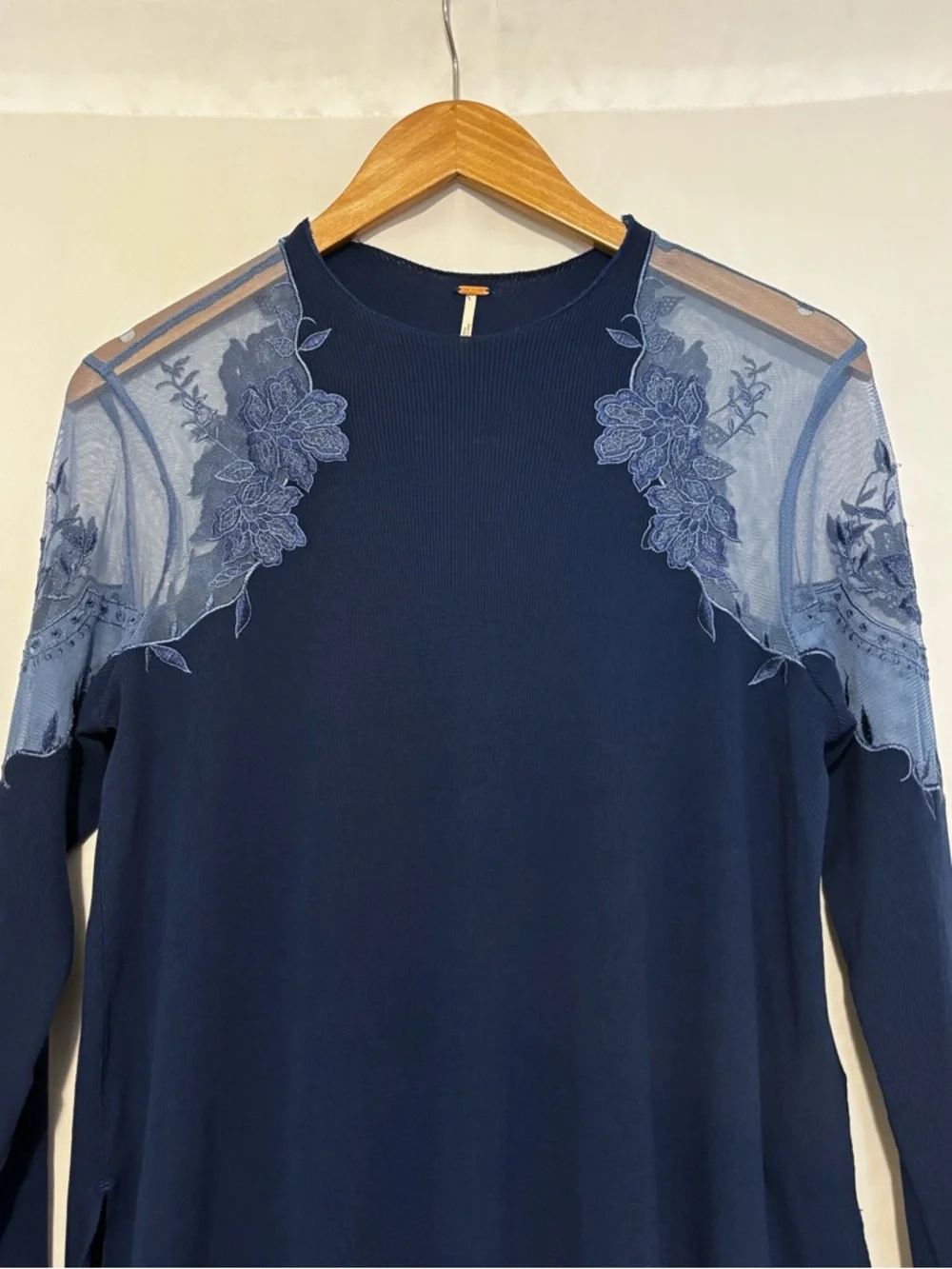 Free People Daniela Lace Ribbed Knit Top Size‎ Small Blue Sheer Boho Mesh